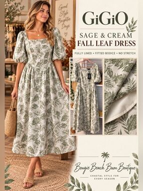GiGiO Sage & Cream Fall Leaf Midi Dress - Women's Square Neck